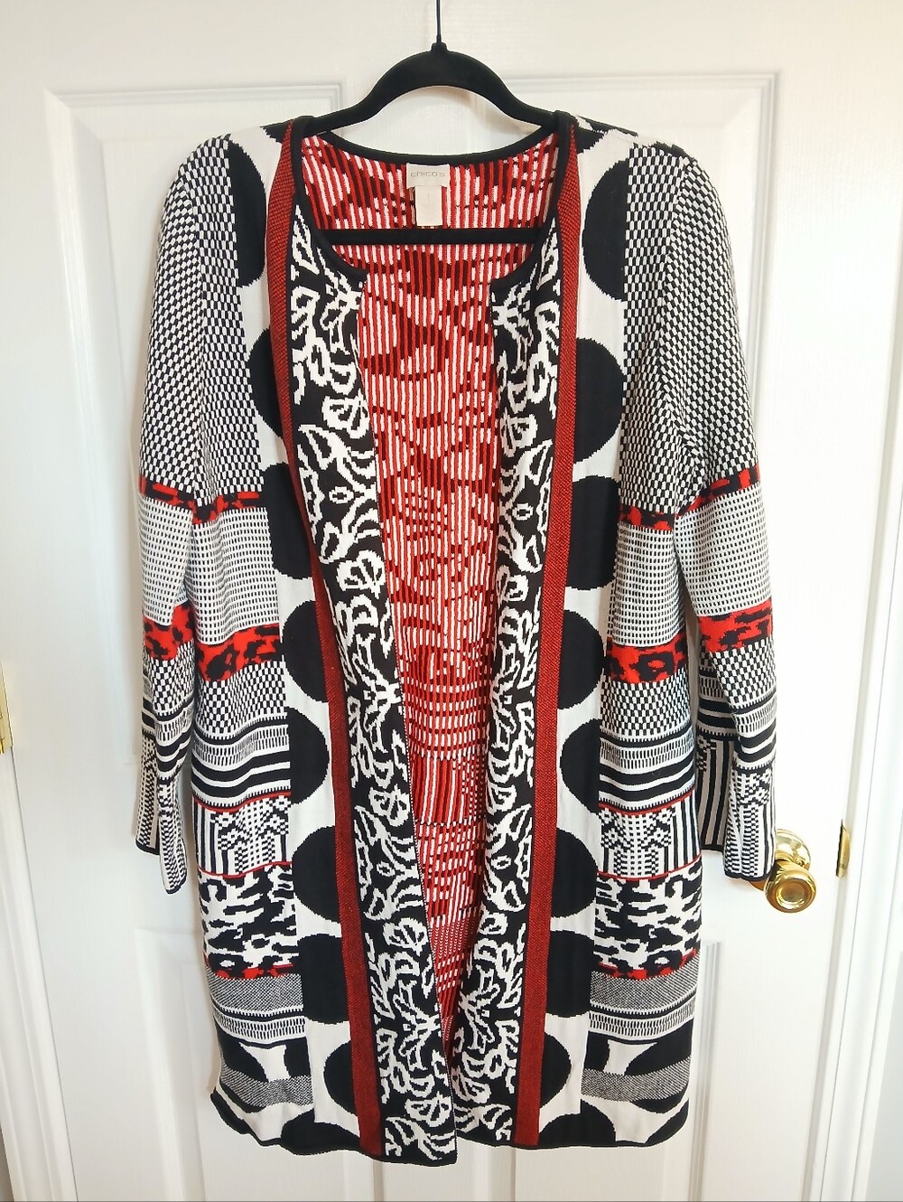 Chicos Natasha Open Front Geometric Abstract Long Cardigan Office Casual Artsy